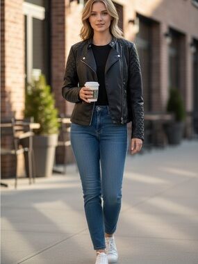 New York & Company Black Quilted Faux Leather Moto Jacket